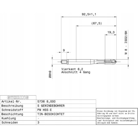 Gewindebohrer HSS-E-PM TiN GUHRING M14 x 2,0