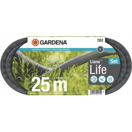 Gardena Gardena Textilschlauch Liano Life 1/2, 25-Meter-Set (dunkelgrau/orange, Modell 2023, inkl. Reinigungsdüse, 2 Wasserhahnanschlüsse