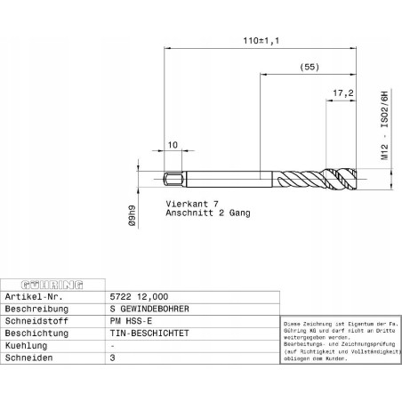 Gewindebohrer GUHRING HSS-E-PM TiN M12 x 1,75