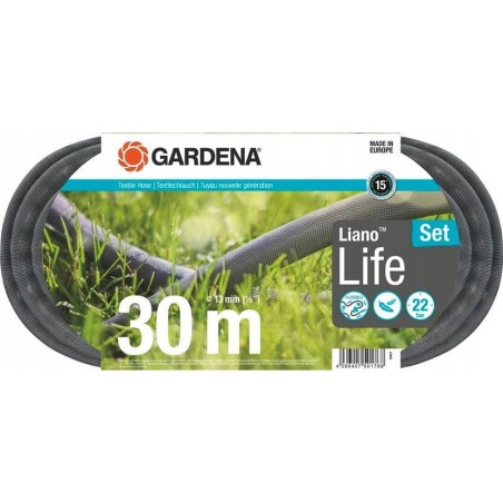 Gardena Gardena Textilschlauch Liano Life 1/2, 30-Meter-Set (dunkelgrau/orange, Modell 2023, inkl. Reinigungsdüse, 2 Wasserhahnanschlüsse