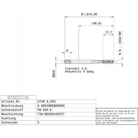 Gewindebohrer HSS-E-PM TiN GUHRING M10 x 1,5