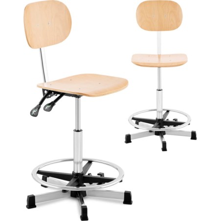 FROMM&STARCK Werkstatt-Arbeitsstuhl mit Rückenlehne und Fußstütze aus Sperrholz, CHROM, bis 120 kg, 550–800 mm