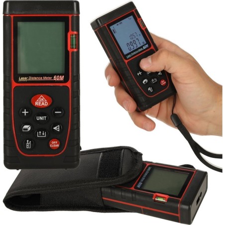 Laser-Entfernungsmesser KIK KAFUWELL – digitaler, wasserdichter Laser-Entfernungsmesser (IP54), 3 mm/60 m, mit Schutzhülle, Batteriebetrieb