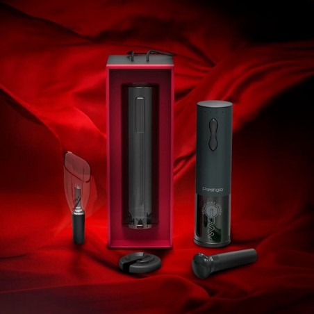 Prestigio Bolsena, elektrischer Weinöffner mit Prestigio-Logo, Belüfter, Vakuumverschluss, schwarz