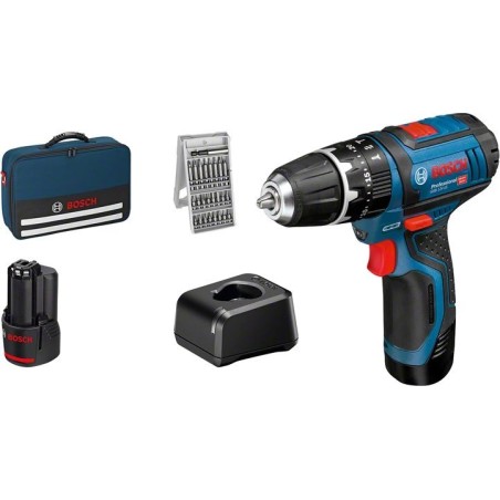Bosch Akku-Schlagbohrmaschine GSB 12V-15 Professional, 12 Volt (blau/schwarz, 2 Li-Ionen-Akkus à 2,0 Ah, 25 Bits)