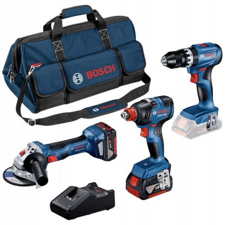 Bosch-Elektrowerkzeugset Bosch Professional 18 V: GSB 18V-45 + GDX 18V-200 + GWS 18V-7, Werkzeugset (blau, 2 Li-Ionen-Akkus)