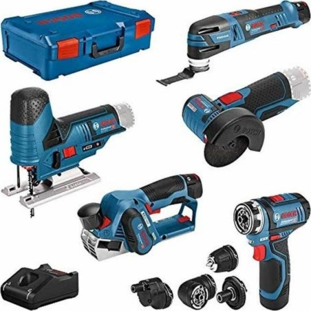 Bosch-Elektrowerkzeugset: 5-teiliges 12-Volt-Werkzeugset, GSR + GOP + GHO + GWS + GST (blau, 3 Li-Ionen-Akkus, XL-BOXX)